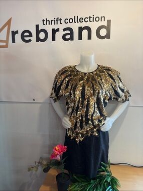 Hand Embroidered  Vintage Gold Sequin Flutter Sleeve Top - Women